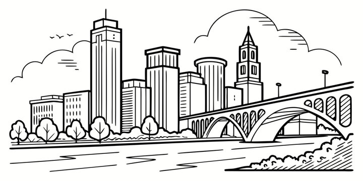 USA, US, U.S, United States - Minneapolis skyline simple line art svg minimal river reflections 
