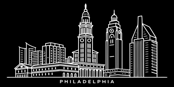 USA, US, U.S, United States - Minimal Philadelphia Pennsylvania Skyline &ndash; Clean Architecture Silhouette Line Art SVG Vector Design | USA US U.S United States City Outline Illustration