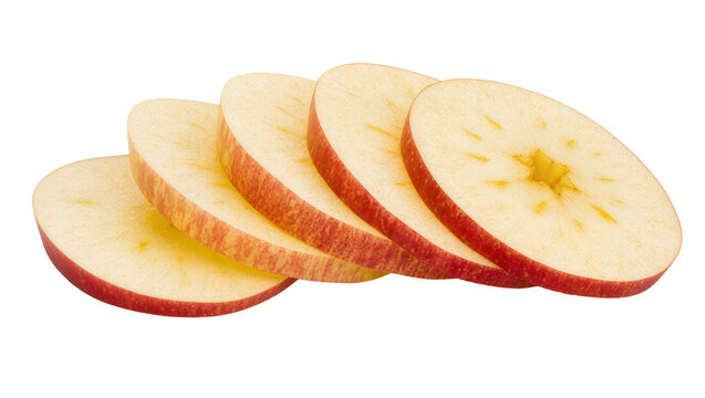 Fresh, vibrant red apple slices, perfectly cut and arranged horizontally, isolated on a transparent background, healthy fruit snack PNG