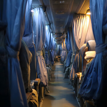 Night bus cabin with privacy curtains and seats in long distance coach
