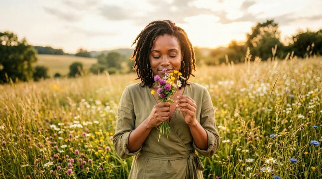Black woman smelling a bouquet of wildflowers in a sunlit meadow. African American female with dreadlocks enjoying nature during golden hour. Spring allergy or wellness concept