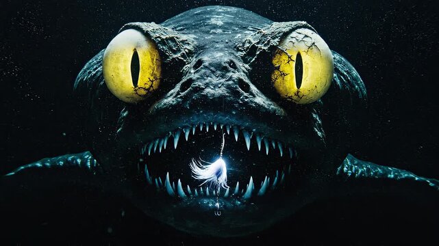 Giant Deep Sea Monster Approaching Fishing Lure - Generative AI