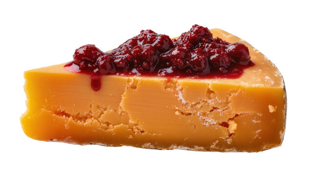 Delicious wedge of aged cheddar cheese, generously topped with vibrant red berry compote, isolated PNG on transparent background, a gourmet snack