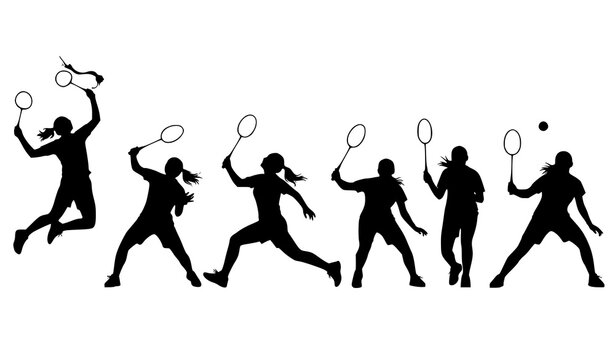 Black female badminton silhouette collection vector with dynamic action poses isolated on white background