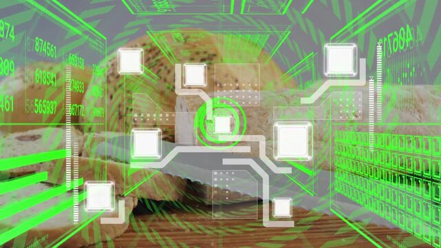 Animation of data processing and computer circuit board over bread