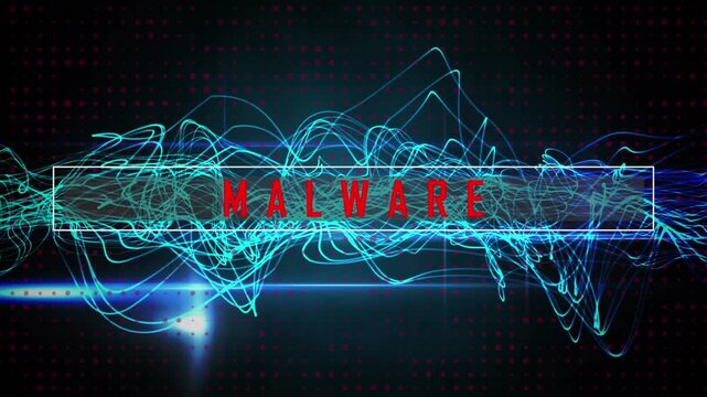 Animation of network of connections and digital interface and malware text over dark background