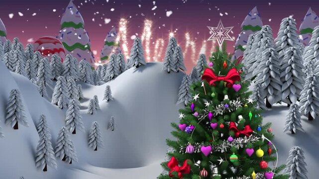Digital Christmas greeting with shiny text and animated tree on a snowy scene.
