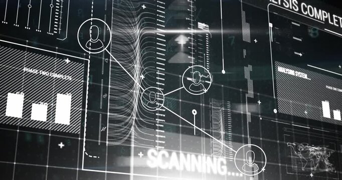 Animation of network of profile icons over interface with data processing against black background