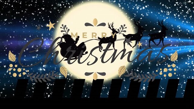 Animation of snow falling over merry christmas text banner against moon in the night sky