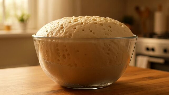 Bread dough rising in glass bowl on kitchen countertop