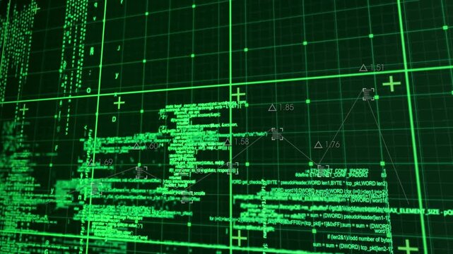 Animation of grid pattern and plus signs over computer language on abstract background