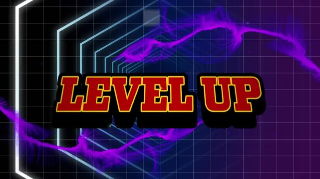 Animation of level up text banner over purple digital waves against concentric hexagonal shapes