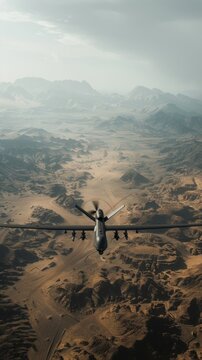 A drone hovering over desert mountains with steep slopes and deserted roads will emphasise the theme of reconnaissance or monitoring &ndash; an excellent backdrop for military or geographical presentations.