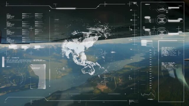 Animation of interface with data processing and spinning globe against airplane cockpit view