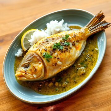 A view of a plate of pescado al mojo de ajo.