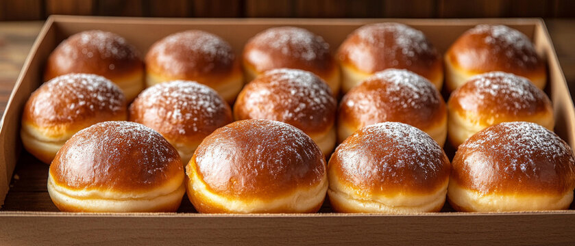 These fluffy doughnuts, dusted with icing sugar and neatly arranged in a box, are sure to whet your appetite &ndash; they&rsquo;re perfect as a backdrop for advertising confectionery or caf&eacute;s.