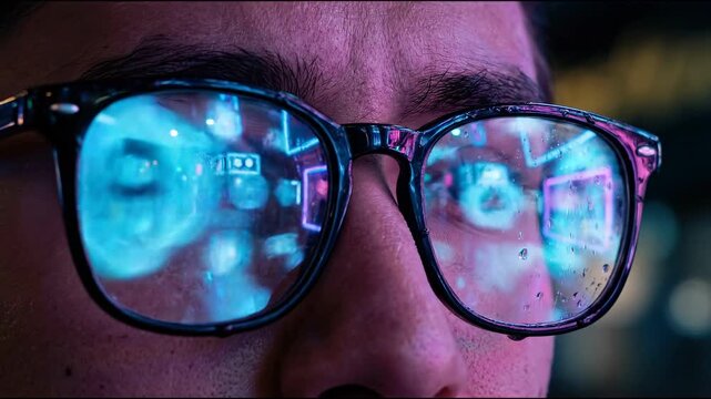 Closeup of human eyes social media concept. Close up of man wearing glasses reflecting colorful neon lights with water droplets on lenses