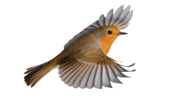 Vibrant European Robin bird in dynamic flight, wings gracefully spread, a detailed PNG image isolated on transparent background, perfect for use
