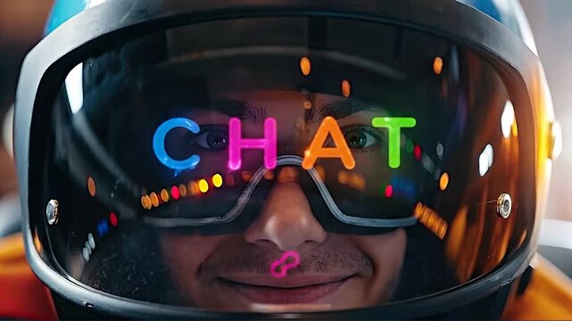 Closeup of human eyes social media concept. Close up of futuristic helmet visor with colorful glowing chat text reflecting in dark background