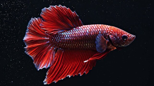 Red Siamese Fighting Fish Swimming in Dark Water - Generative AI