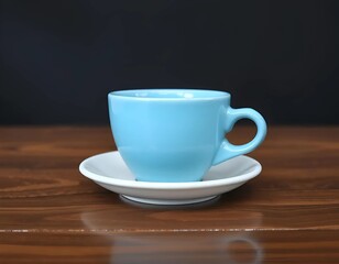 Obraz premium Graceful light blue espresso cup and white saucer on polished wood table, ideal for a high-end coffee shop brand mockup