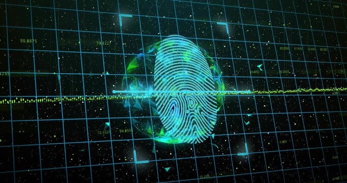 Biometric fingerprint hologram floating center frame, highlighting green data waveform over 3D grid