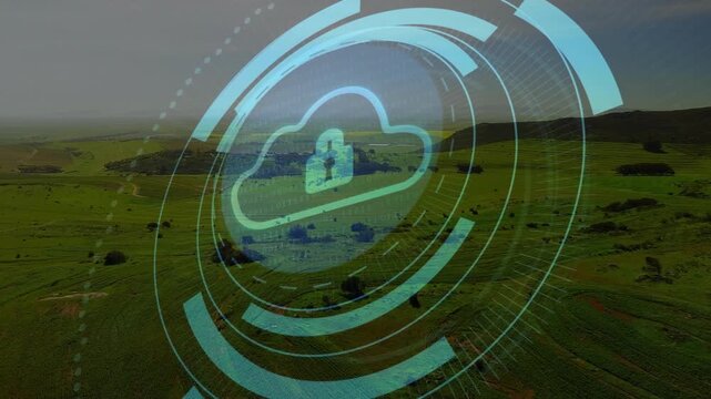 Sequence opening from aerial farmland, HUD rings spinning around cloud lock icon showing security