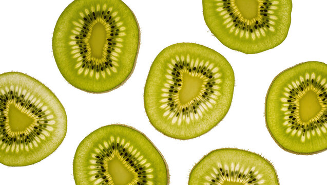 Vibrant green kiwi fruit slices, fresh and juicy, beautifully backlit revealing intricate patterns and textures, isolated on transparent, healthy tropical food PNG