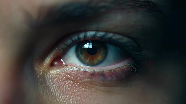 Closeup of human eyes social media concept. Futuristic broken glass heads up display with digital compass and data charts in urban street environment