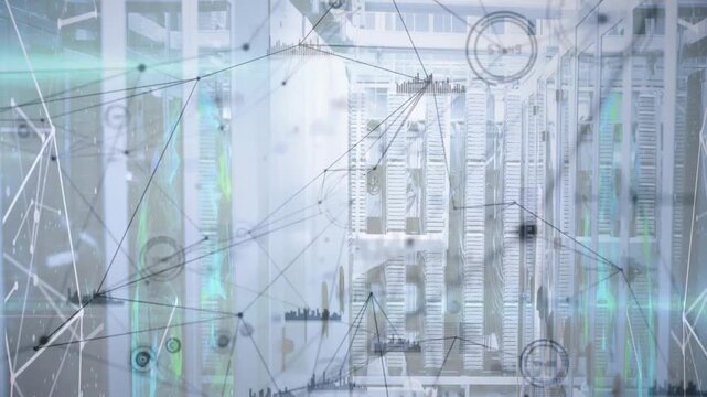 Teal lights flickering rack aisle initiating network lines expanding into data-flow visualization