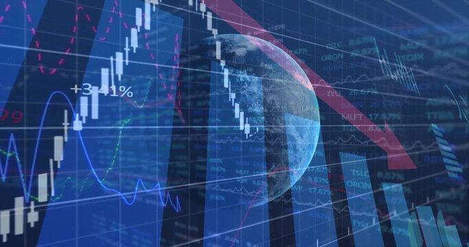 Rotating 3D globe initiating financial dashboard, visualizing candlestick trends, bar graph shifts
