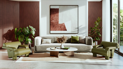 Fototapeta premium Large luxury modern bright interiors Living room mockup illustration 3D rendering Generated Color Image