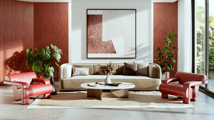 Fototapeta premium Large luxury modern bright interiors Living room mockup illustration 3D rendering Generated Color Image