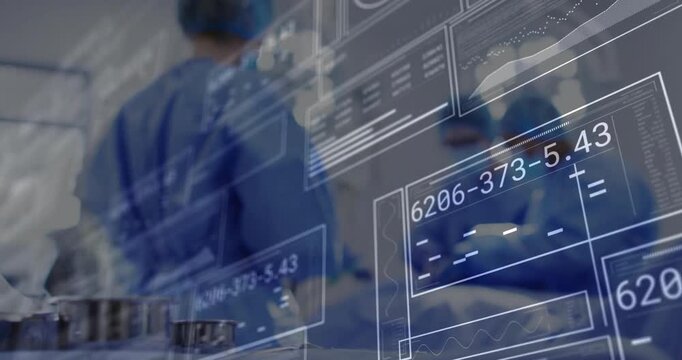 Camera pulling back showing surgical team adjusting instruments from steel tray, using data panels