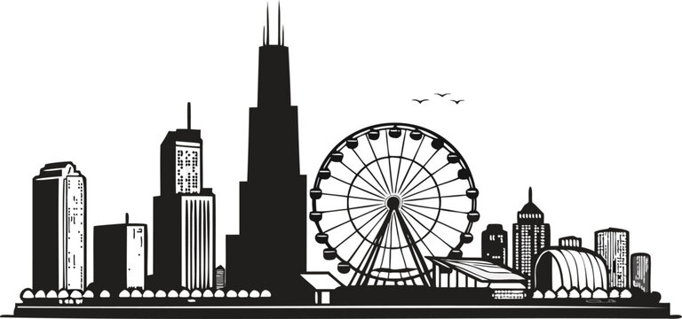 Chicago skyline vector silhouette featuring Willis Tower, John Hancock Centre, Navy Pier Ferris Wheel