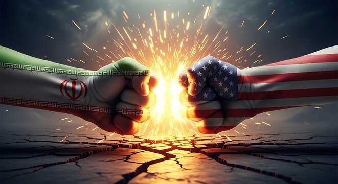 symbolic clash between iran and united states with explosive conflict concept.