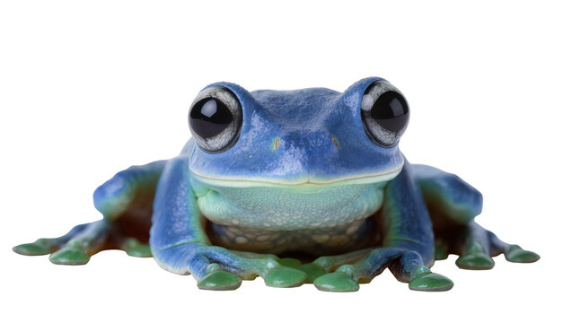 Vibrant blue tree frog with large dark eyes, a striking amphibian creature isolated on transparent background, perfect for nature and wildlife designs PNG