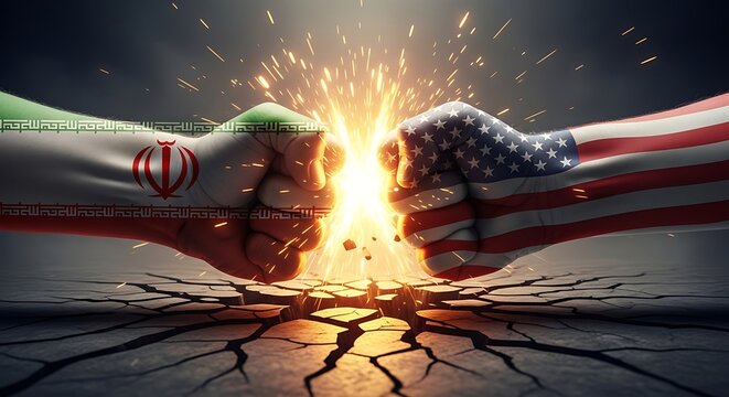 iran vs usa. symbolic clash between iran and united states with explosive conflict concept.