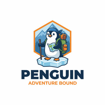 This charming penguin logo features an adventurous design with a backpack, perfect for travel or outdoor brands, evoking a sense of exploration and fun.