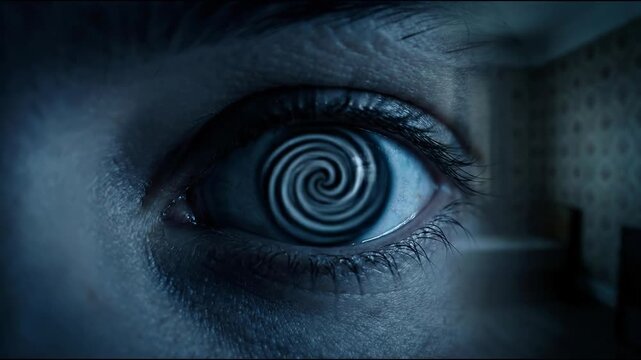 Closeup of human eyes social media concept. Close up of a human eye with a hypnotic spiral pattern in low light room creating a mysterious and psychological effect