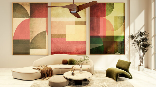 Large illustration 3D rendering luxury modern bright interiors Living room mockup with Couch and Ceiling Fan Ventilation