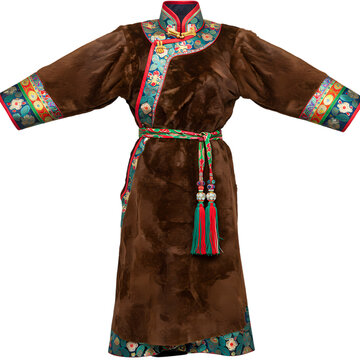 Traditional brown mongolian deel robe featuring intricate colorful patterns and a decorative silk waist sash