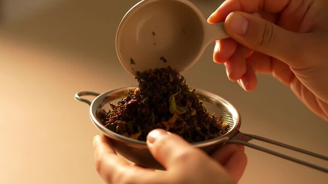 Brewing loose leaf tea with strainer in warm sunlight