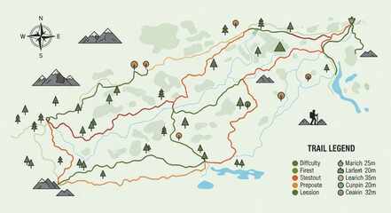 Detailed Trail Map Illustration with Legend and Compass Rose. © Fatah