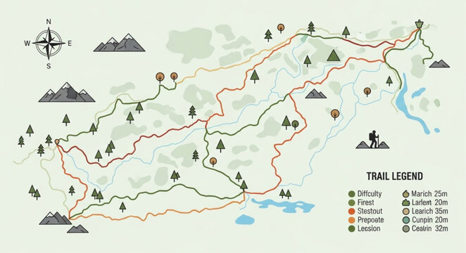 Detailed Trail Map Illustration with Legend and Compass Rose.