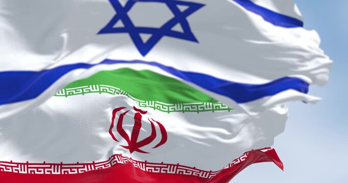 Israel and Iran Flags Waving and Overlapping 3D Render Illustration