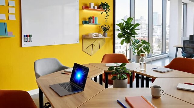 Modern collaborative brainstorming corner in an open office with a vibrant yellow accent wall, sleek modular furniture, and bright daylight.