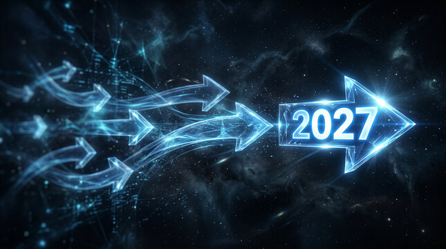 Multiple light arrows converging toward glowing 2027 sign. Future direction concept.