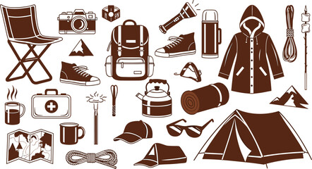 Brown camping collection with outdoor gear equipment tent © MdShidul