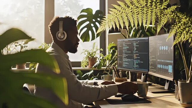 Focused Software Developer Working on Laptop Surrounded by Lush Indoor Plants